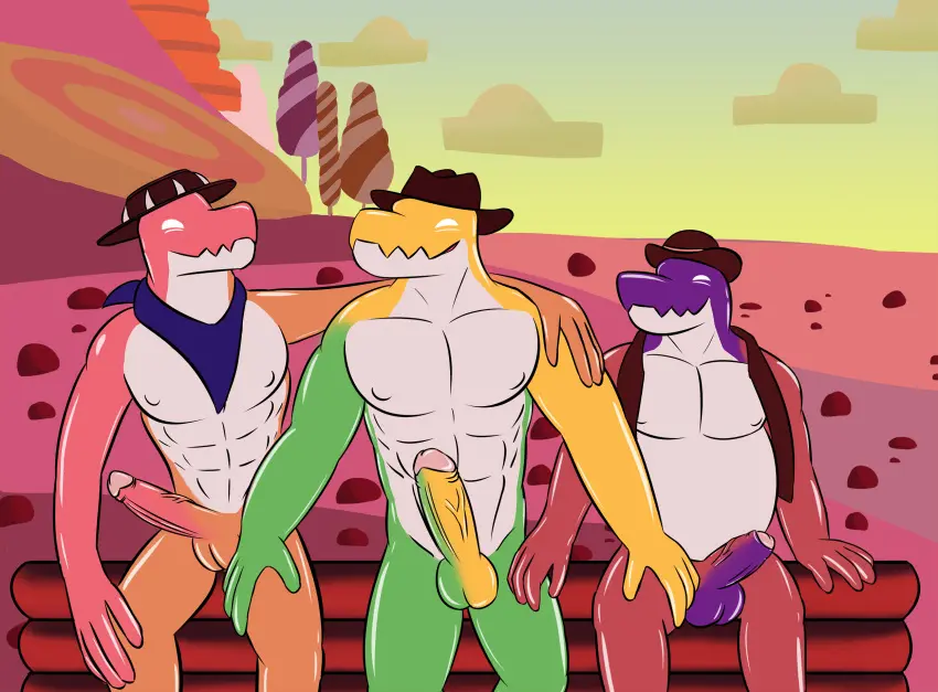 Image clothing, hi_res, simple_background, male, penis, hat, erection, headwear, muscular, male/male, male_only, happy, headgear, balls, anthro, slim, genitals, reptile, scalie, abs, group, trio, overweight, mostly_nude, headgear_only, lizard, crocodile, crocodilian, crocodylid, food, headwear_only, cowboy_hat, the_amazing_digital_circus, food_creature, candy, dessert, glitch_productions, alligatorid, alligator, gummigoo_(the_amazing_digital_circus), gummy_(food), living_candy, gummy_creature, chad_(the_amazing_digital_circus), max_(the_amazing_digital_circus), nel0