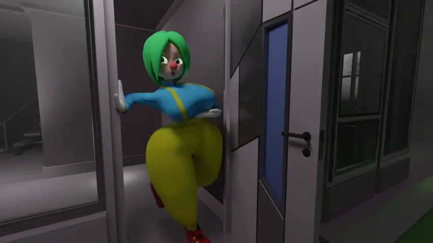 Image breasts,female,tongue_out,tongue,2021,freckles,huge_breasts,green_eyes,3d,blender,green_hair,white_gloves,3d_(artwork),shortstack,clown_girl,red_nose,red_shoes,yellow_pants,squidly,light_blue_shirt,fuku_(squidly)