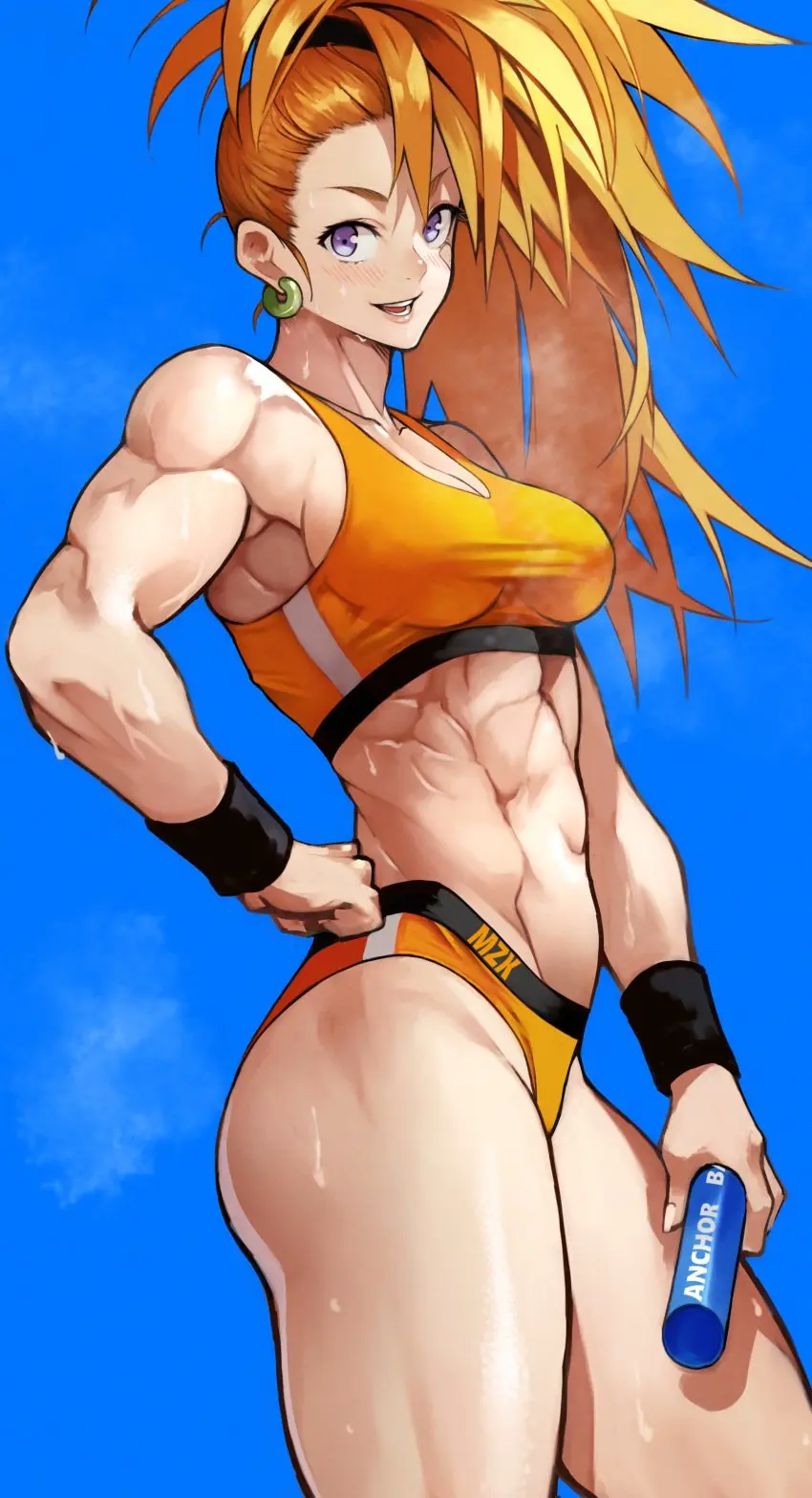Image 1girls,blush,breasts,female,hi_res,large_breasts,looking_at_viewer,open_mouth,simple_background,smile,solo,navel,sweat,ponytail,muscular,sports_bra,sportswear,cleavage,midriff,orange_hair,absurd_res,purple_eyes,biceps,side_ponytail,thong,abs,highleg,muscular_female,one-punch_man,obliques,captain_mizuki,yoshi55level