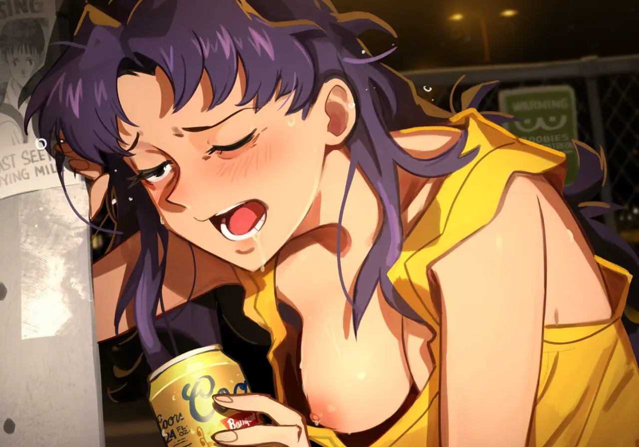 Image 1girls,blush,breasts,female,female_only,light-skinned_female,light_skin,long_hair,open_mouth,solo,male,sweat,uncensored,milf,areolae,solo_female,drooling,text,one_eye_closed,alternate_version_available,purple_hair,sweatdrop,english_text,sweating,sweaty_breasts,nipple_slip,one_breast_out,older_female,younger_male,drunk,beer,messy_hair,neon_genesis_evangelion,alcohol,alcoholic_drink,drunk_female,holding_beverage,misato_katsuragi,tired_eyes,loose_clothes,nighttime,yellow_shirt,shinji_ikari,warning_sign,missing_poster,khyleri,baggy_eyes