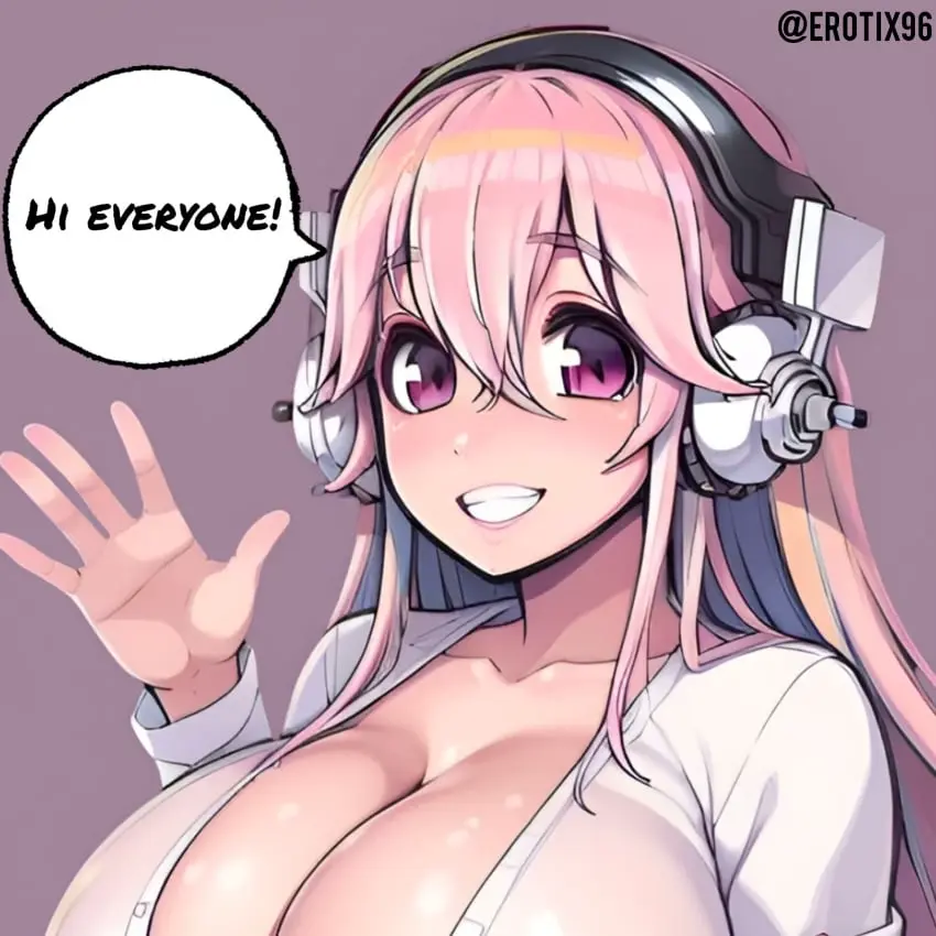 Image big_breasts,blush,breasts,female,long_hair,looking_at_viewer,smile,solo,headphones,ai_generated,cleavage,collarbone,huge_breasts,pink_hair,breasts_bigger_than_head,gigantic_breasts,pink_eyes,hair_between_eyes,speech_bubble,nitroplus,super_sonico,super_sonico_(series),sonico,erotix96