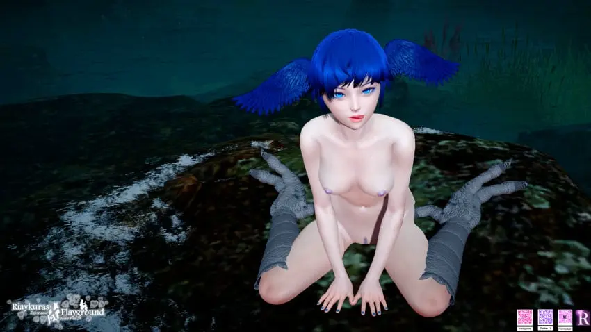 Image female,blue_eyes,blue_hair,nude,3d,final_fantasy_xiv,bird_girl,wings_on_head,meteion,riaykuras_playground