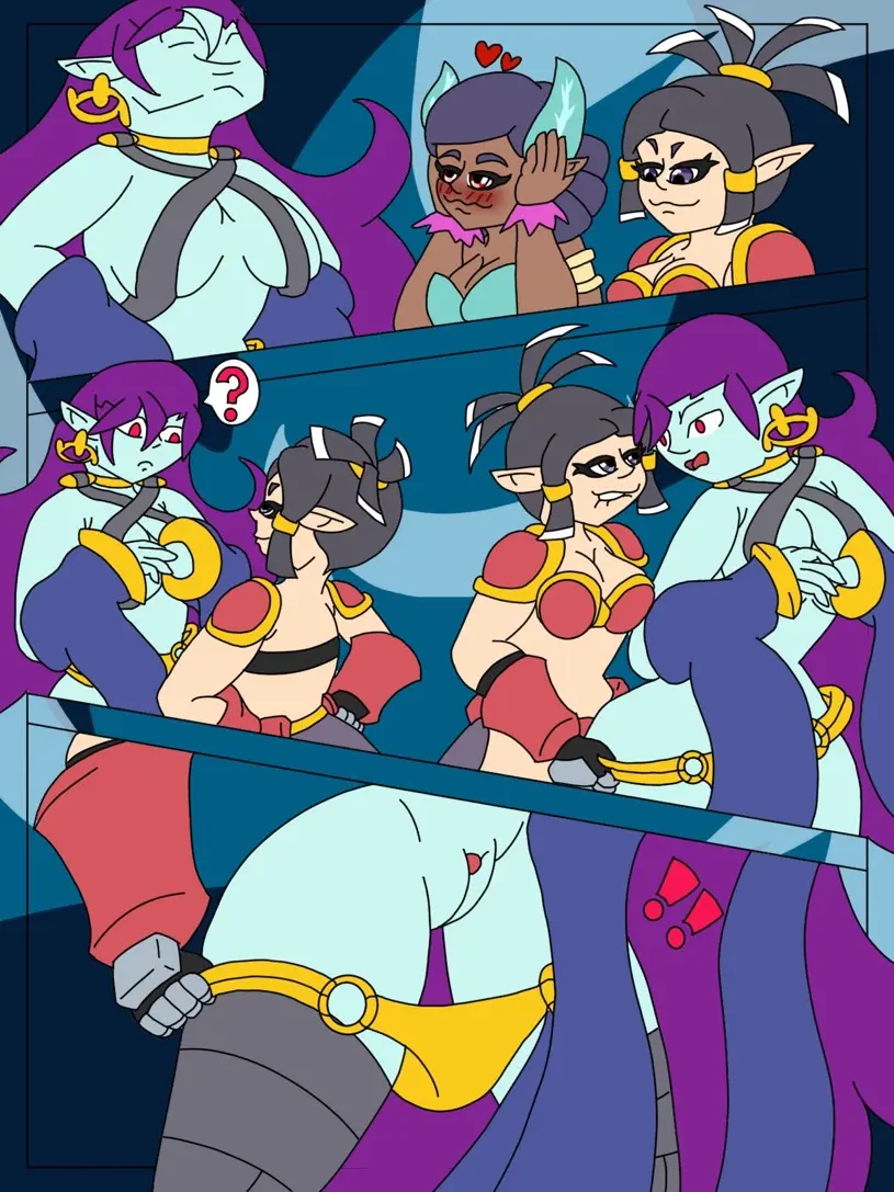 Image female,shocked,shantae,shantae_(character),exclamation_mark,pulling_down_panties,shantae_and_the_seven_sirens,seer_dance_shantae,vera_(shantae),zapple,golden_panties