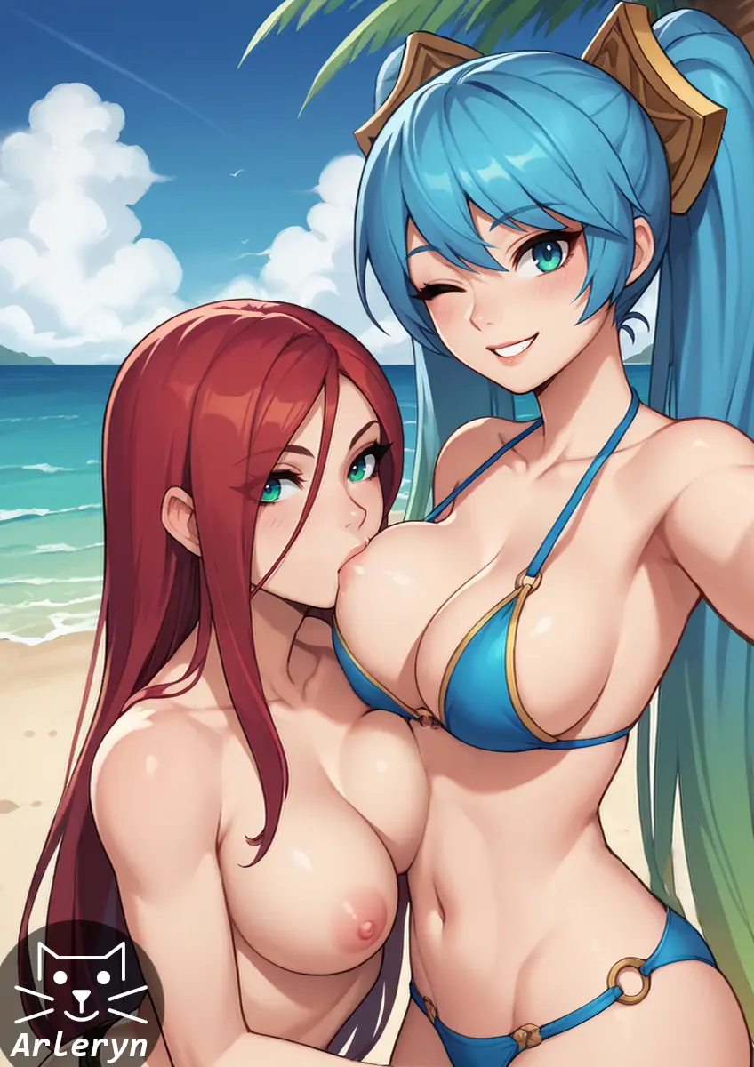 Image female,smile,2girls,blue_eyes,blue_hair,red_hair,beach,ai_generated,nude_female,green_eyes,wink,stable_diffusion,yuri,selfie,breast_sucking,league_of_legends,lesbian,league_of_legends:_wild_rift,katarina_du_couteau,sona_buvelle,arleryn