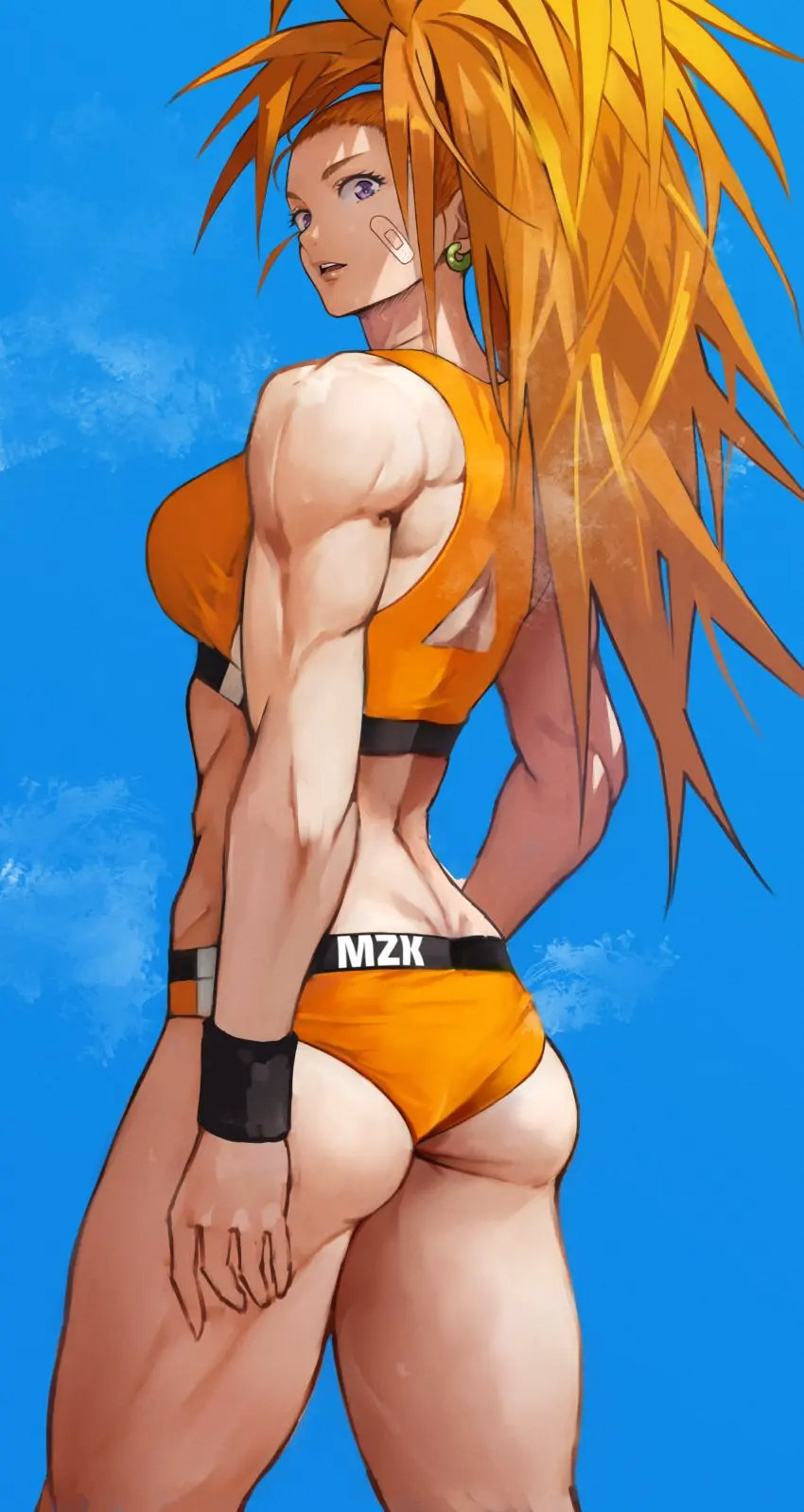 Image 1girls,female,hi_res,long_hair,looking_at_viewer,open_mouth,simple_background,solo,standing,2021,ass,earrings,looking_back,ponytail,muscular,sports_bra,sportswear,orange_hair,absurd_res,purple_eyes,biceps,muscular_female,one-punch_man,captain_mizuki,buruma,yoshi55level