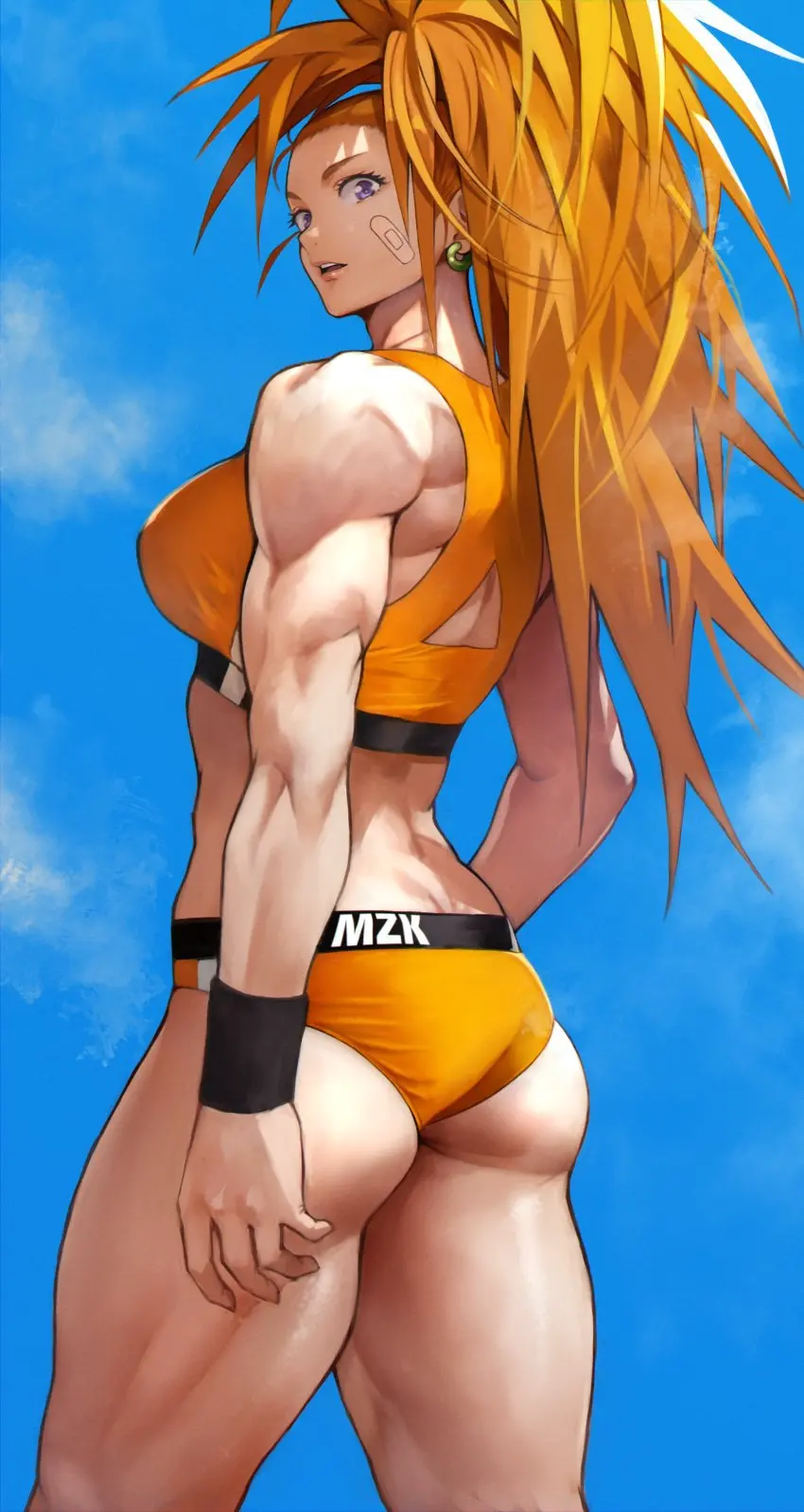 Image 1girls,female,hi_res,human,light-skinned_female,light_skin,long_hair,looking_at_viewer,open_mouth,simple_background,solo,standing,2021,ass,earrings,looking_back,ponytail,athletic,muscular,wide_hips,sports_bra,sportswear,orange_hair,absurd_res,purple_eyes,mature_female,fit,fit_female,slim_waist,biceps,athletic_female,muscular_female,one-punch_man,revision,captain_mizuki,buruma,yoshi55level