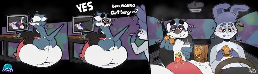 Image female,hi_res,open_mouth,smile,blue_eyes,male,nude,penis,ass,big_penis,duo,open_smile,balls,huge_cock,feathers,anthro,text,sitting,half-closed_eyes,comic,big_balls,flaccid,fur,genitals,holding_object,mammal,dialogue,sound_effects,english_text,feline,narrowed_eyes,huge_balls,hyper_balls,hyper_penis,2024,blue_body,computer,4_fingers,avian,beak,bird,fingers,signature,blue_fur,electronics,furniture,collaboration,table,lagomorph,leporid,rabbit,group,trio,felid,hyper,hyper_genitalia,domestic_cat,felis,klaus_(shakotanbunny),shakotanbunny,smoking,onomatopoeia,vehicle,car,beverage,container,cup,eating,food,substance_intoxication,inside_car,burger,blue_feathers,bag,drugs,marijuana,calico_cat,desk,smoking_marijuana,stoned,sitting_on_balls,drinking_straw,food_on_penis,holding_food,fries,phebe_(srgreja),kivo_(srgreja),srgreja_(artist),object_on_penis,sitting_on_own_balls