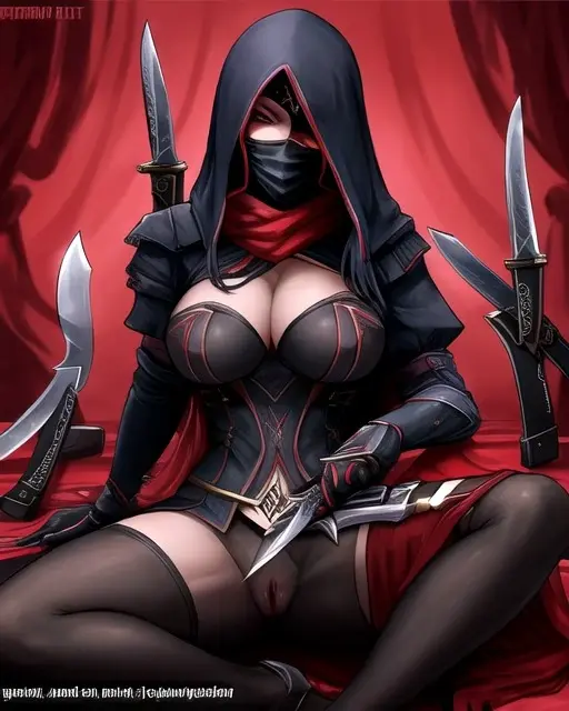 Image breasts,female,female_only,looking_at_viewer,black_hair,pussy,female_focus,ai_generated,original_character,legs_apart,mask,eyepatch,red_background,legs_spread,ai_hands,knife,masked,assassin,knives