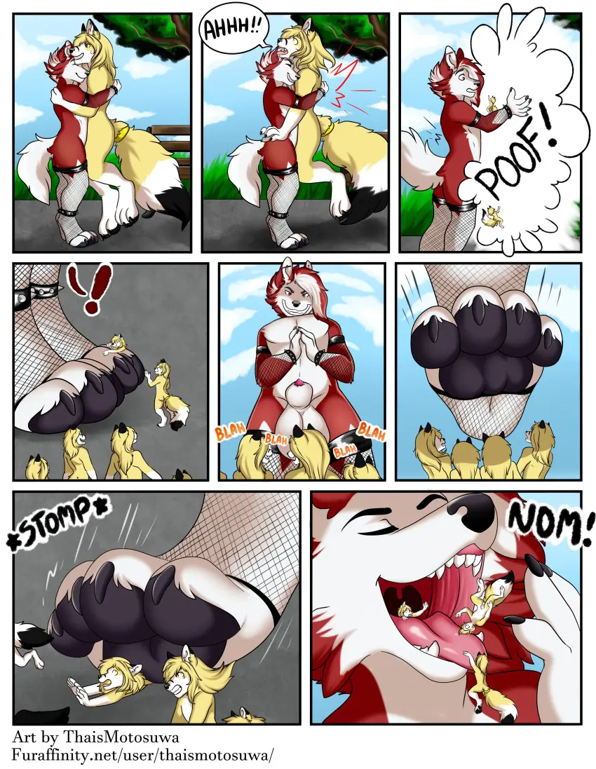 Image clothing,female,hi_res,male,pokemon,pokemon_(species),tongue,duo,feet,balls,male/female,size_difference,anthro,foot_fetish,absurd_res,socks,nintendo,bulge,comic,canid,canine,footwear,genitals,mammal,paws,comic_panel,legwear,fox,sheath,transformation,foot_focus,fishnet_clothing,fishnet_legwear,pawpads,macro,micro,vore,generation_7_pokemon,extreme_size_difference,hug,thaismotosuwa,2018,lycanroc,sheathed