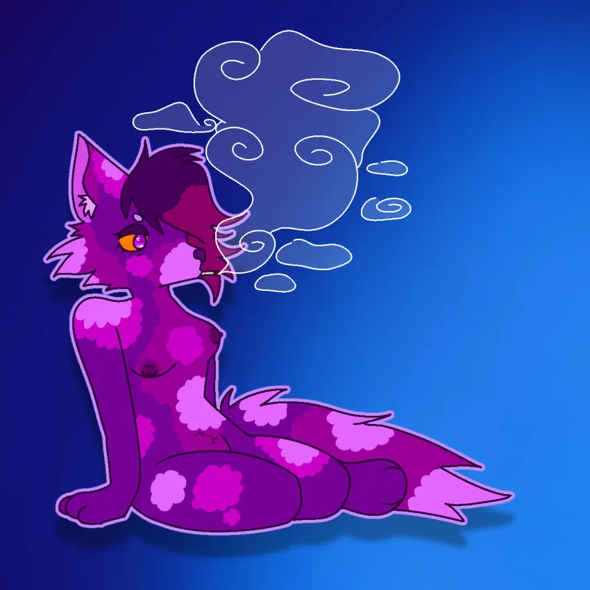 Image breasts,female,female_only,furry,blue_background,small_breasts,purple_fur,original_character,pointy_ears,purple_eyes,purple_hair,skinny,sitting_on_floor,ambiguous_species,looking_into_the_distance,sitting_down,orange_sclera,pubic_tuft,hidden_genitals,smoking_cigarette,obscured_genitals