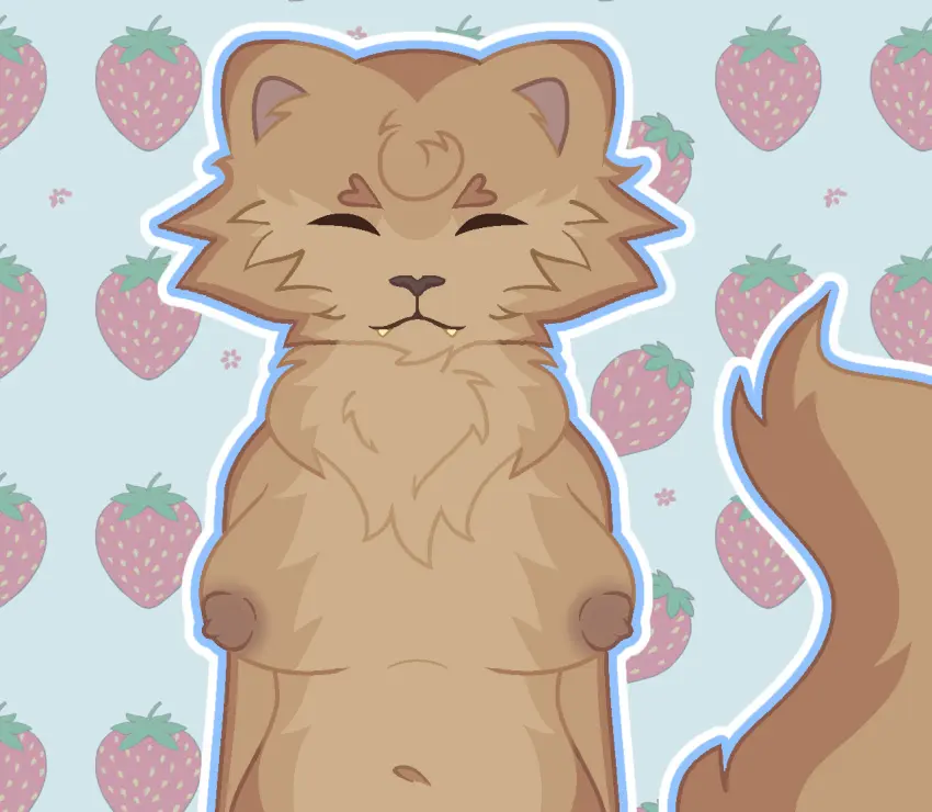 Image big_breasts,breasts,female,furry,original_character,curvy,closed_eyes,feline,brown_fur,fluffy,tan_fur,pattern_background,cream_fur,round_ears,hidden_genitals,obscured_genitals,hips_up,small_fangs
