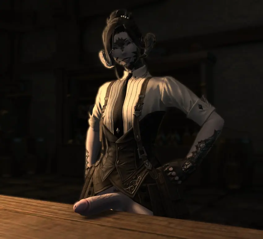 Image clothing, hair_ornament, smile, solo, 1boy, male, penis, erection, smiling_at_viewer, horns, femboy, male_only, huge_cock, tagme, gay, pubic_hair, 3d, self_upload, final_fantasy, final_fantasy_xiv, partially_clothed, scales, hair_bun, tie, vest, presenting_penis, lizard, half_dressed, mod, au_ra, bartenderlizard, cota_dalamiq, gpose(ffxiv), bartender