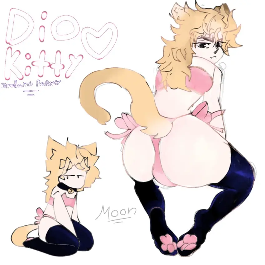 Image male,bikini,furry,ass,thighs,cat_ears,femboy,male_only,socks,cat_tail,yellow_hair,pink_panties,jojo's_bizarre_adventure,pet,seat,property,dio_brando,jonathan_joestar,phantom_blood,thighsocks